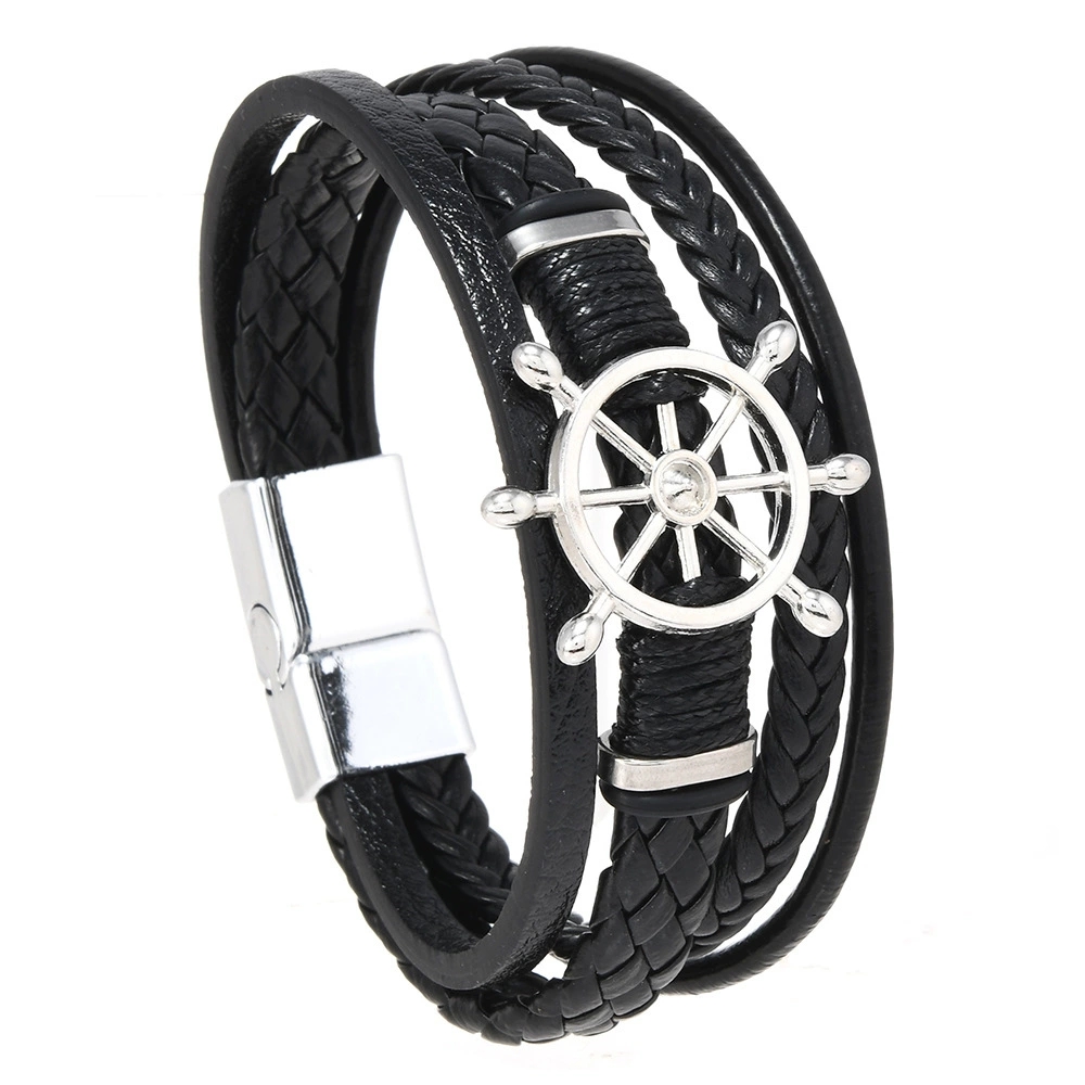 Vintage Fashion Wheel - Винтажный многослойный кожаный браслет с плетеным